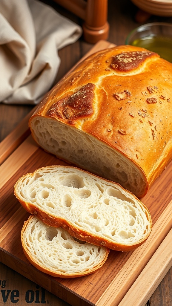 A golden-brown loaf of homemade bread sliced on a wooden board, showcasing its soft texture.